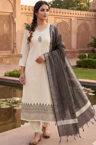 Cream khadi cotton kurti pant dupatta set