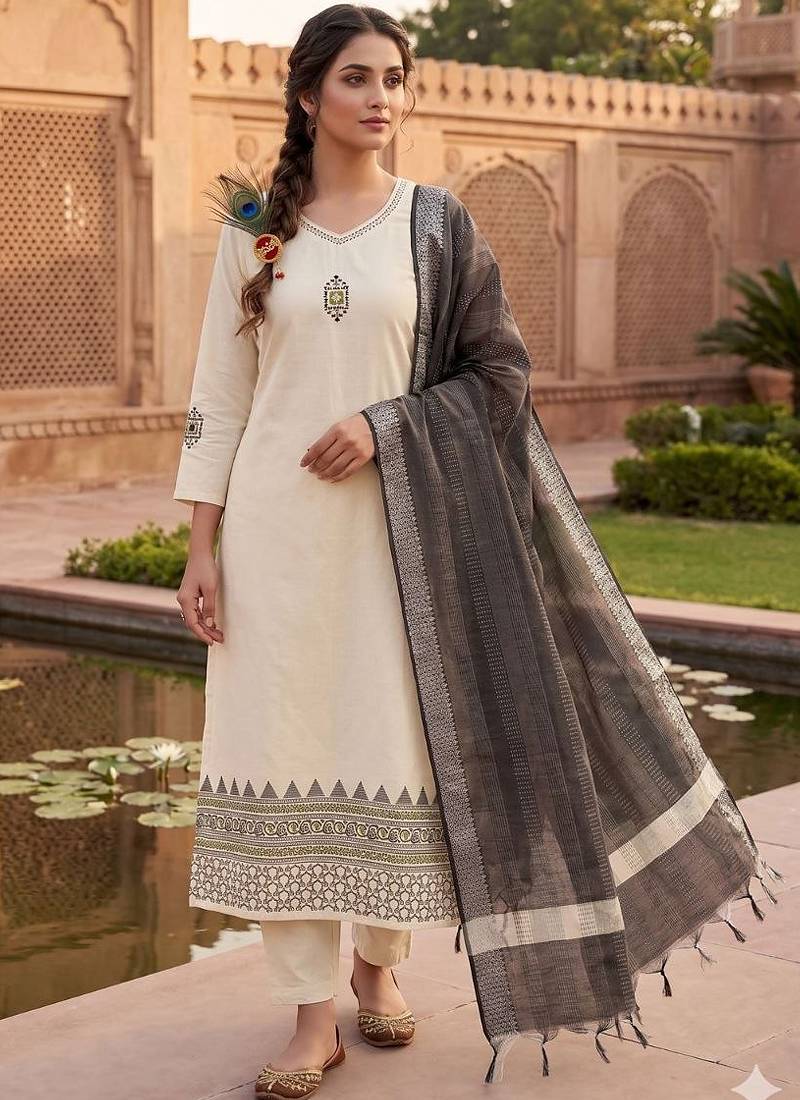 Cream khadi cotton kurti pant dupatta set