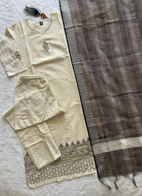 Cream khadi cotton kurti pant dupatta set 2