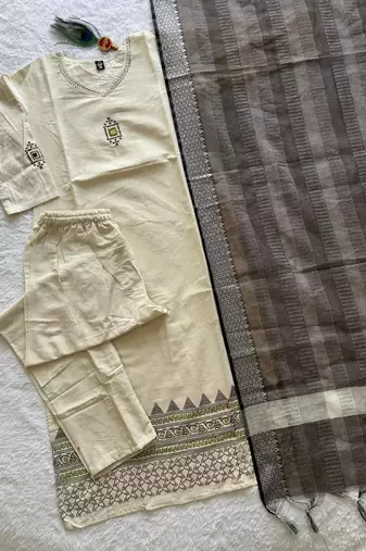 Cream khadi cotton kurti pant dupatta set