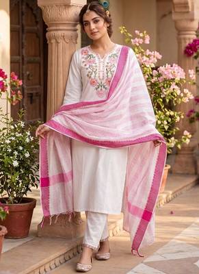 White khadi cotton kurti pant dupatta set 1