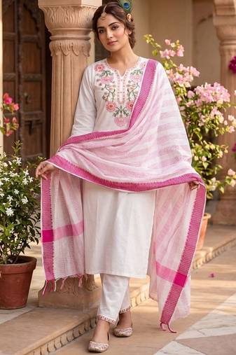 White khadi cotton kurti pant dupatta set