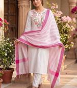 White khadi cotton kurti pant dupatta set