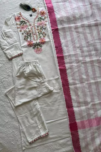 White khadi cotton kurti pant dupatta set