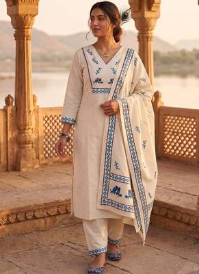 Cream khadi cotton kurti pant dupatta set 1