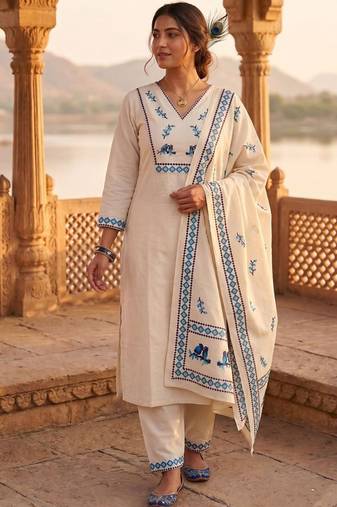 Cream khadi cotton kurti pant dupatta set
