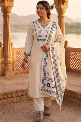 Cream khadi cotton kurti pant dupatta set