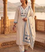 Cream khadi cotton kurti pant dupatta set