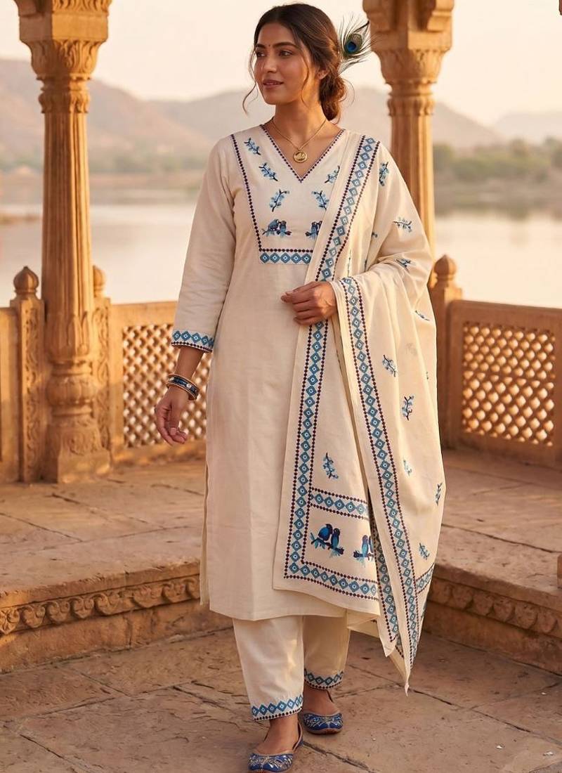 Cream khadi cotton kurti pant dupatta set