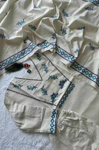 Cream khadi cotton kurti pant dupatta set