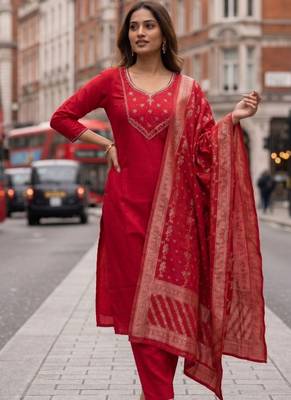 Red mul chanderi kurti pant dupatta set 1