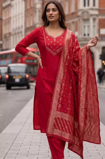 Red mul chanderi kurti pant dupatta set