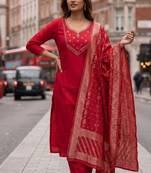 Red mul chanderi kurti pant dupatta set