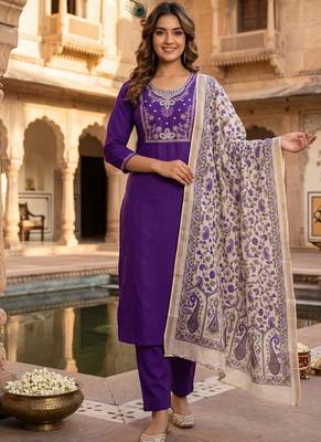 Purple roman silk blend kurti pant dupatta set 1