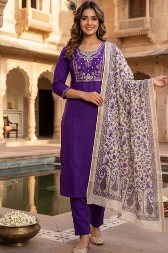 Purple roman silk blend kurti pant dupatta set