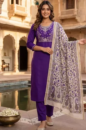 Purple roman silk blend kurti pant dupatta set