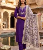 Purple roman silk blend kurti pant dupatta set