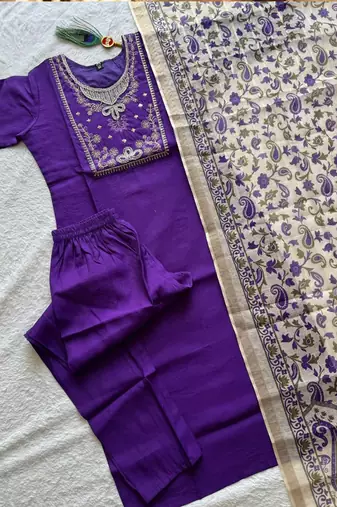 Purple roman silk blend kurti pant dupatta set