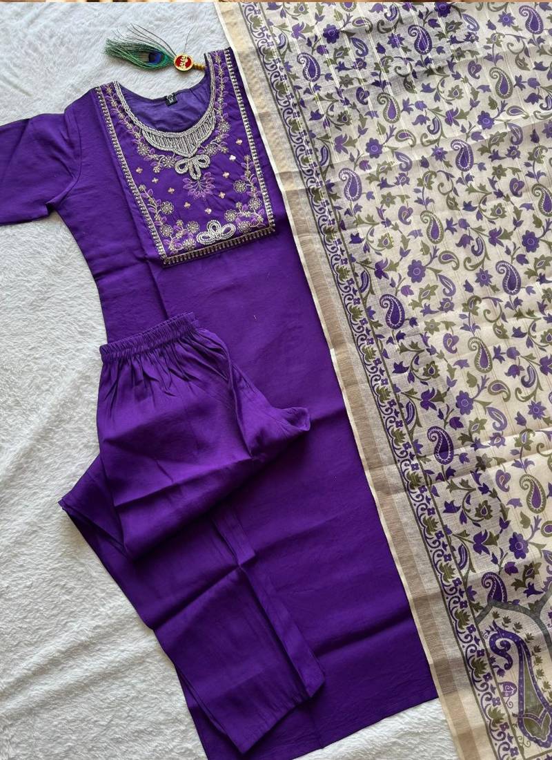 Purple roman silk blend kurti pant dupatta set