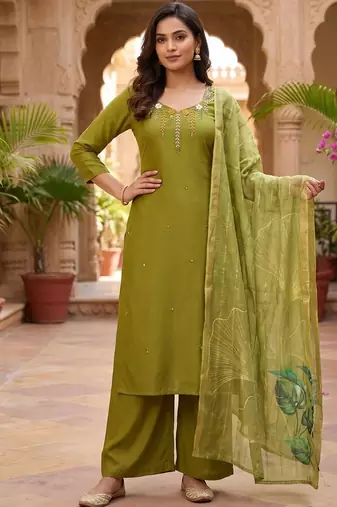 Mahendi mul chanderi kurti pant dupatta set