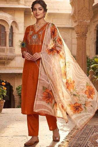 Brown roman silk blend kurti pant dupatta set