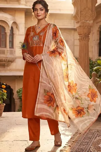 Brown roman silk blend kurti pant dupatta set