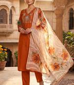 Brown roman silk blend kurti pant dupatta set