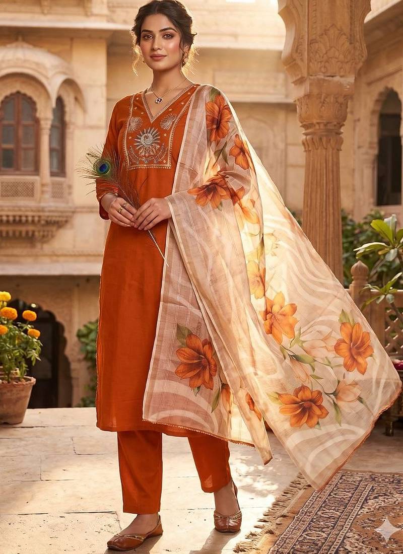 Brown roman silk blend kurti pant dupatta set