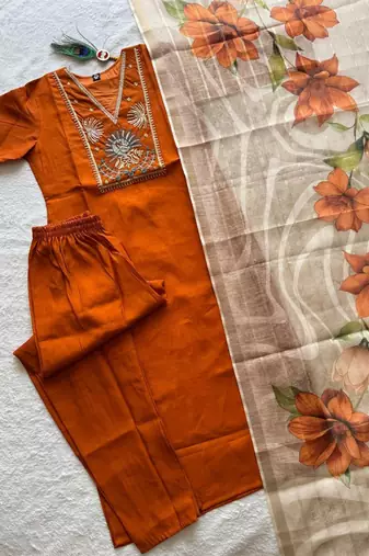 Brown roman silk blend kurti pant dupatta set