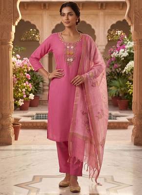 Light pink mul chanderi kurti pant dupatta set 1