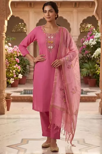 Light pink mul chanderi kurti pant dupatta set