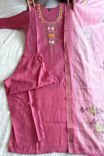 Light pink mul chanderi kurti pant dupatta set