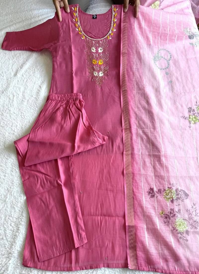 Light pink mul chanderi kurti pant dupatta set