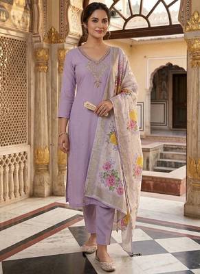 Lavender mul chanderi kurti pant dupatta set 1
