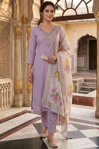 Lavender mul chanderi kurti pant dupatta set