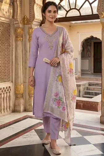 Lavender mul chanderi kurti pant dupatta set