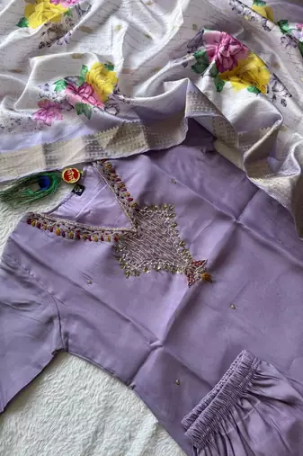 Lavender mul chanderi kurti pant dupatta set