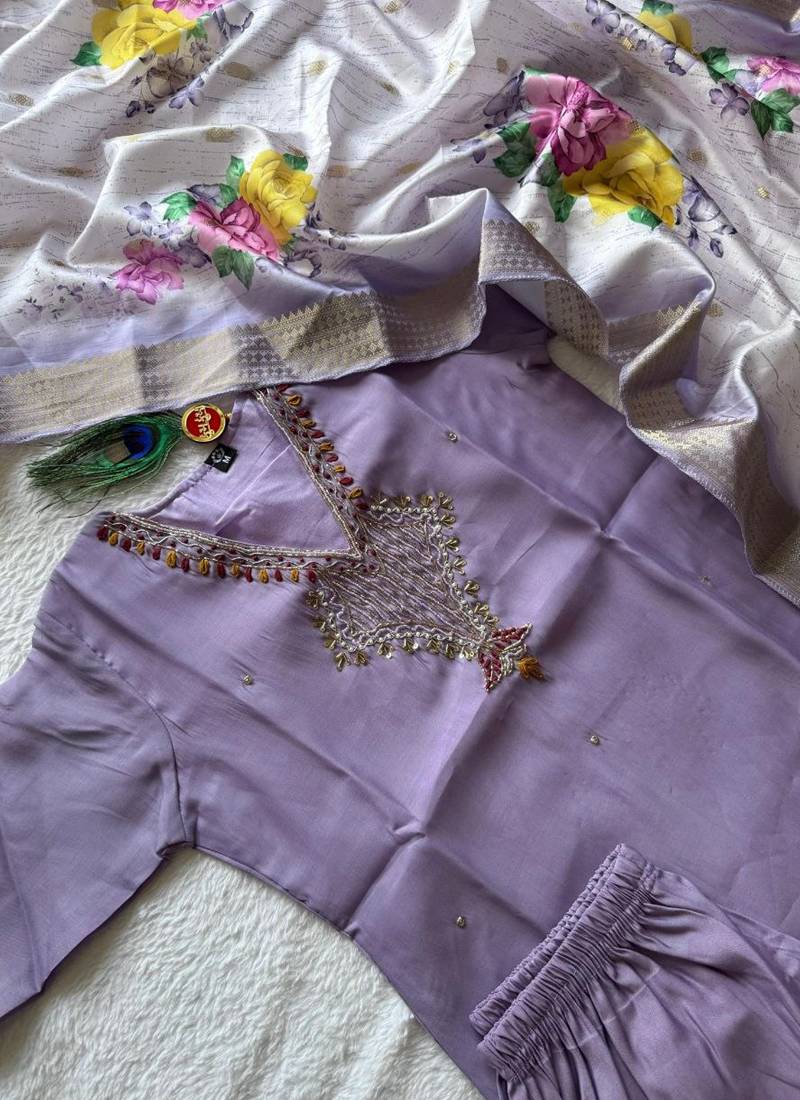 Lavender mul chanderi kurti pant dupatta set