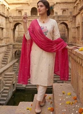 Cream khadi cotton kurti pant dupatta set 1