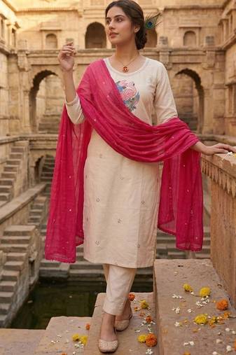 Cream khadi cotton kurti pant dupatta set