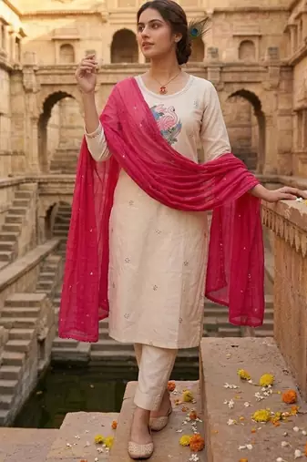 Cream khadi cotton kurti pant dupatta set