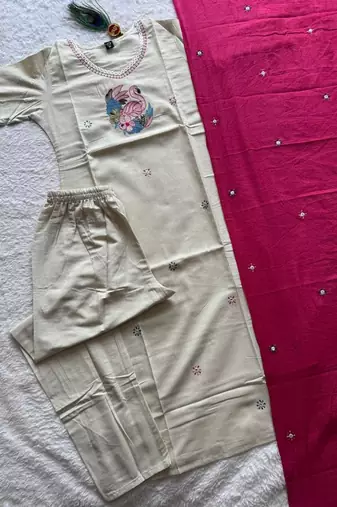 Cream khadi cotton kurti pant dupatta set