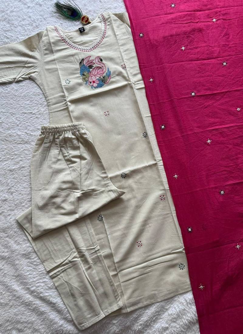 Cream khadi cotton kurti pant dupatta set
