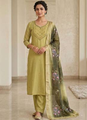 Light green mul chanderi kurti pant dupatta set 1