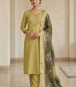 Light green mul chanderi kurti pant dupatta set