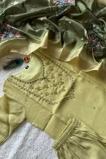 Light green mul chanderi kurti pant dupatta set