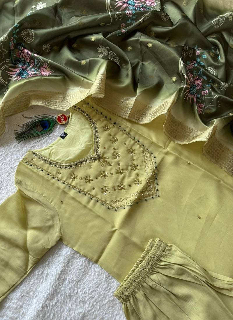 Light green mul chanderi kurti pant dupatta set