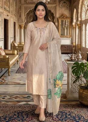 Beige mul chanderi kurti pant dupatta set 1