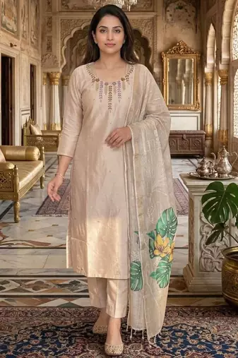 Beige mul chanderi kurti pant dupatta set