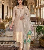 Beige mul chanderi kurti pant dupatta set